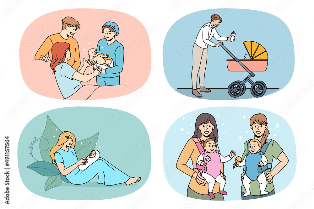 Set of happy young parents with baby infants excited about parenthood. Collection of smiling loving mother and father with little newborn children. Family growing, parenthood. Vector illustration. 