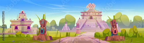 Ancient ruins of aztec temple, statues and pyramid. Vector cartoon illustration of summer landscape with tropical forest and abandoned village of mesoamerican mayan civilization