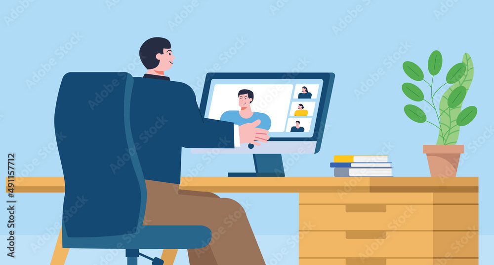 Concept Illustration Meeting with Online Business Partners, Work From Home, Computer Video Meet