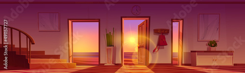 Home hallway with open door and view to sea beach at sunset. Vector cartoon illustration of house or hotel hall interior with wooden stairs, furniture and ocean outside