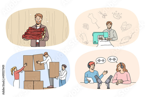Set of various people professions and occupations. Set of men and women working at different positions and careers. Lumberjack, tailor, loader and radio host or journalist. Vector illustration. 