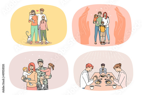 Collection of loving young family with children show unity and care. Set of smiling parents with small kids feel grateful and protected. Bonding and relation. Parenthood. Vector illustration.