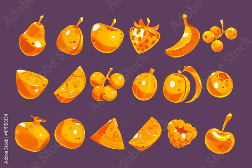 Gold fruit and berries icons for game interface, gambling slot machine in casino. Cherry, blueberry, plum, pear, orange, apple, banana, peach, watermelon. Vector cartoon set of golden food symbols