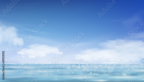 Blue sky with fluffy cloud and Sea,Horizon natural Blue ocean with reflection of bright light shining in the morning, Vector Landscape banner for Spring, summer seasonal holiday background