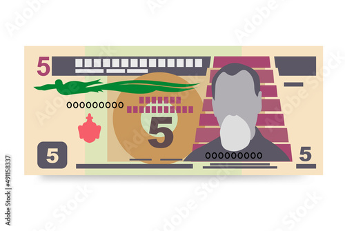 Guatemalan Quetzal Vector Illustration. Guatemala money set bundle banknotes. Paper money 5 GTQ. Flat style. Isolated on white background. Simple minimal design.