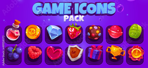 Game icons pack with potion, gold cup, heart, berries, candies and shield. Vector cartoon set of mobile game symbols, golden coin, strawberry, lollipop, gem and award badge