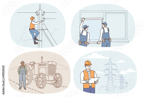 Collection of people occupations and professions. Set of men having different jobs and careers. Electrician, mounter and farmer. Employment and recruitment. Vector illustration.  photo