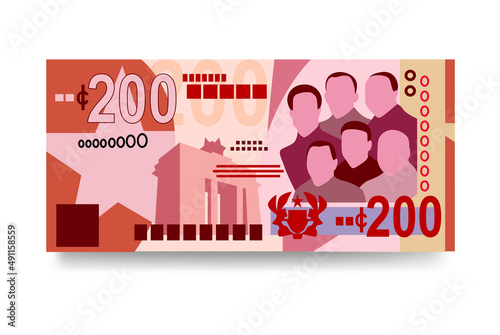 Ghana Cedi Vector Illustration. Ghanaian money set bundle banknotes. Paper money 200 GHS. Flat style. Isolated on white background. Simple minimal design.
