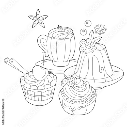 Black and white dessert. Cakes, sweets and cup with coffee isolated on white background. Different pastry for coloring book and food design.