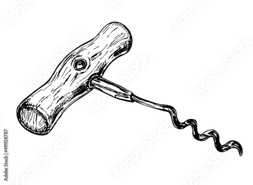 Hand drawn corkscrew illustration in sketch style isolated on white background. Vector illustration. Vintage style