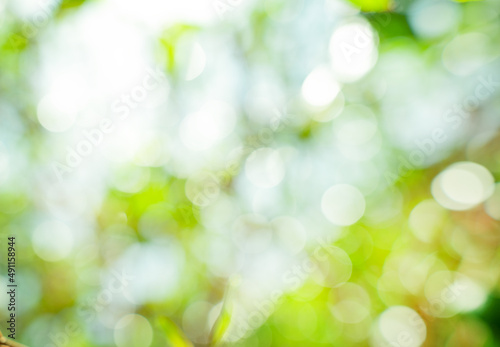 Bright glowing green nature background in the form of bokeh. Natural defocus art abstract blur tones with sun rays wallpaper.