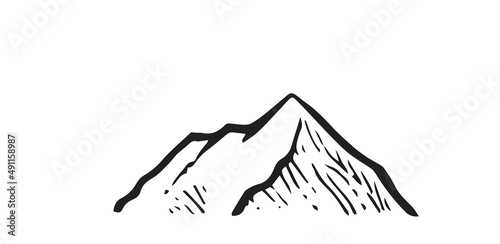 Spicy stone rock from afar. A piece of cliff. In the style of contour engraving. Outline sketch. Hand drawing is isolated on a white background. Vector