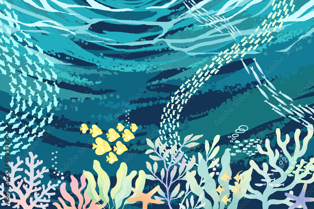 海 水中のサンゴと小魚の背景イラスト カラフル 多様性 波 青 自然 風景 魚 魚群 Stock Illustration Adobe Stock