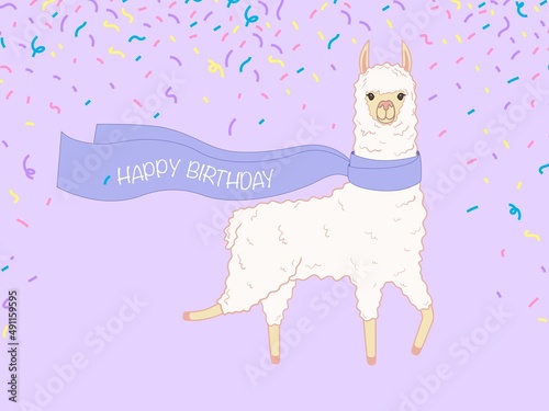 Birthday card with a cheerful llama in a long scarf. Vector illustration