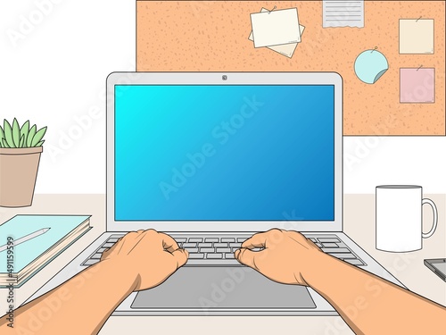 Working on a laptop, first-person view. Vector illustration
