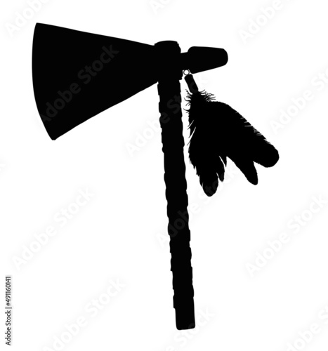 Native American Indian tomahawk concept silhouette. Indian battle ax tomahawk. Vintage engraving stylized as a drawing. Isolated vector illustration