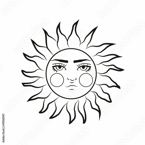 Bohemian illustration, stylized vintage design, sun with face and closed eyes, stylized drawing, tarot card.