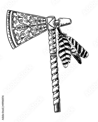 Native american Indian tomahawk concept in vintage monochrome style. Indian battle ax tomahawk. Vintage engraving stylized drawing. Isolated vector illustration