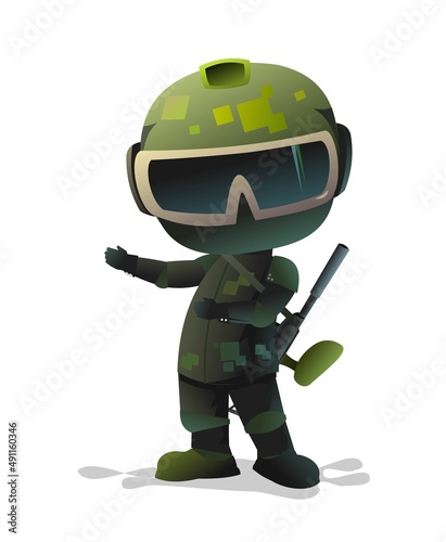 Warrior paintball player invites. Comic funny character. Helmet, mask and uniform. Isolated on white background. Vector