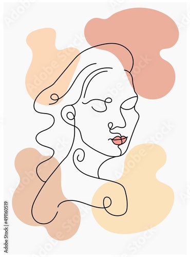 Abstract poster with minimal woman face. One line drawing style. Continuous line art in elegant style for prints, tattoos, posters, textile, cards etc. Beautiful women face Vector illustration
