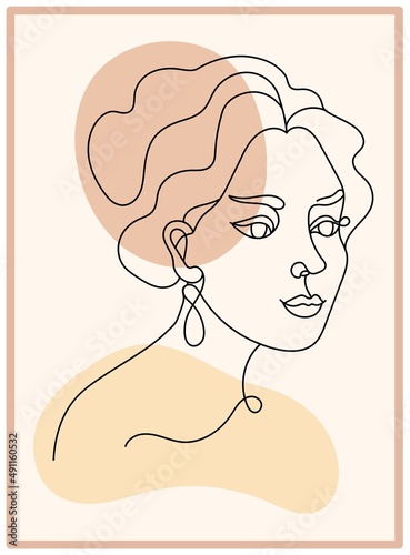 Abstract poster with minimal woman face. One line drawing style. Continuous line art in elegant style for prints, tattoos, posters, textile, cards etc. Beautiful women face Vector illustration