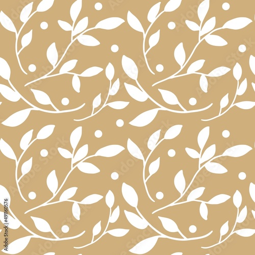 Floral pattern. Pretty white branch on beige background. Printing with white leafs. seample Seamless vector texture. elegant template for fashionable printers