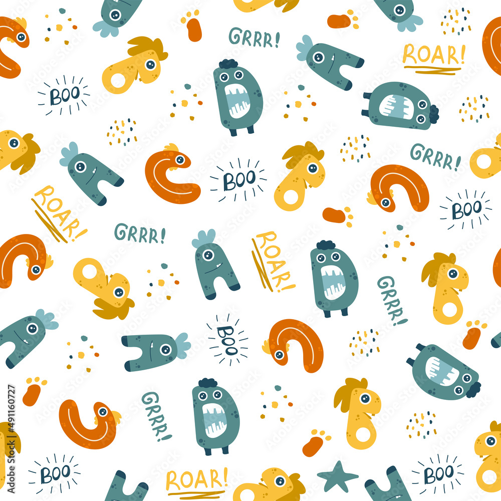 Cute monsters ABC alphabet seamless pattern. Funny and simple comic font in cartoon style. Various monster characters. Colorful isolated hand drawn doodles on white background Cute monsters ABC alphabet seamless pattern. Funny and simple comic font in cartoon style. Various monster characters. Colorful isolated hand drawn doodles on white background