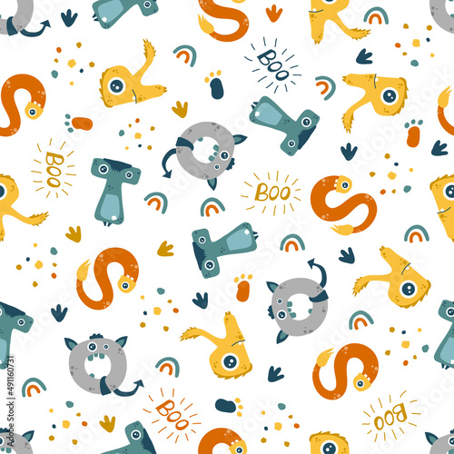 Cute monsters ABC alphabet seamless pattern. Funny and simple comic font in cartoon style. Various monster characters. Colorful isolated hand drawn doodles on white background