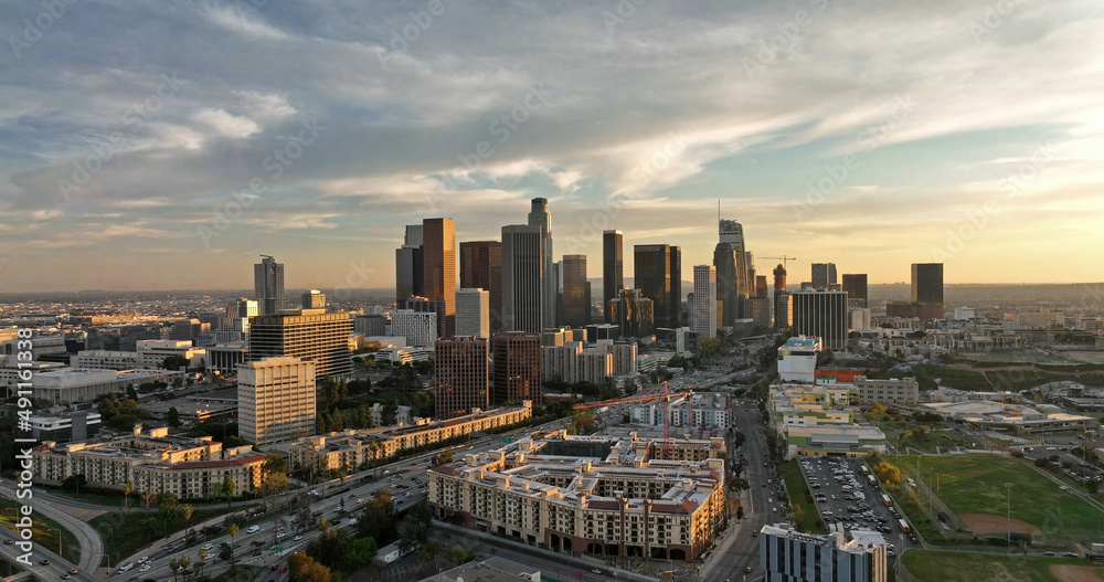 Los angeles aerial view, flying with drone. Los angels downtown cityscape. Flying of los angels, filmed LA by drone.
