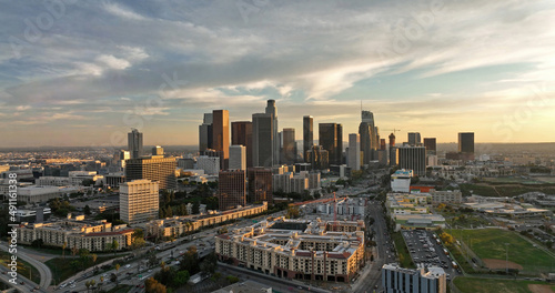 Los angeles aerial view  flying with drone. Los angels downtown cityscape. Flying of los angels  filmed LA by drone.