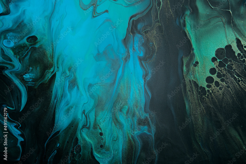 Fluid Art. Green, Black and blue abstract waves with golden particles. Marble effect background or texture