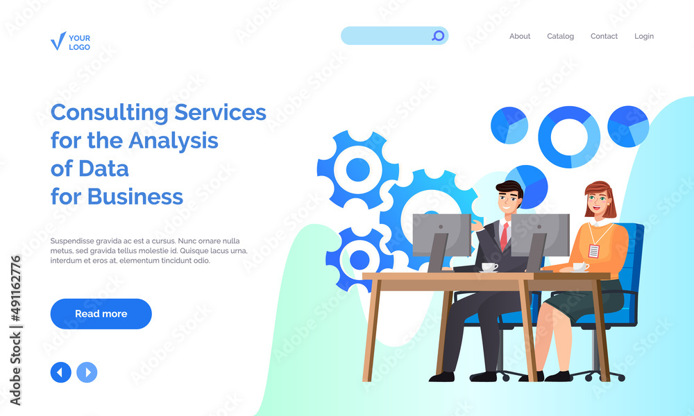 Consulting services for analysis of data for business concept. Website or webpage template, landing page flat style. Employees provide technical support. People work with customers using technology Consulting services for analysis of data for business concept. Website or webpage template, landing page flat style. Employees provide technical support. People work with customers using technology