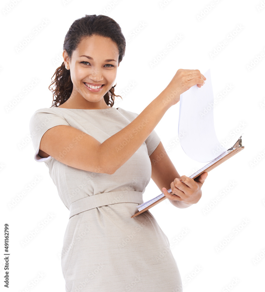 I have all the information here. Studio portrait of a young woman leafing through a clipboard isolated on white. I have all the information here. Studio portrait of a young woman leafing through a clipboard isolated on white.