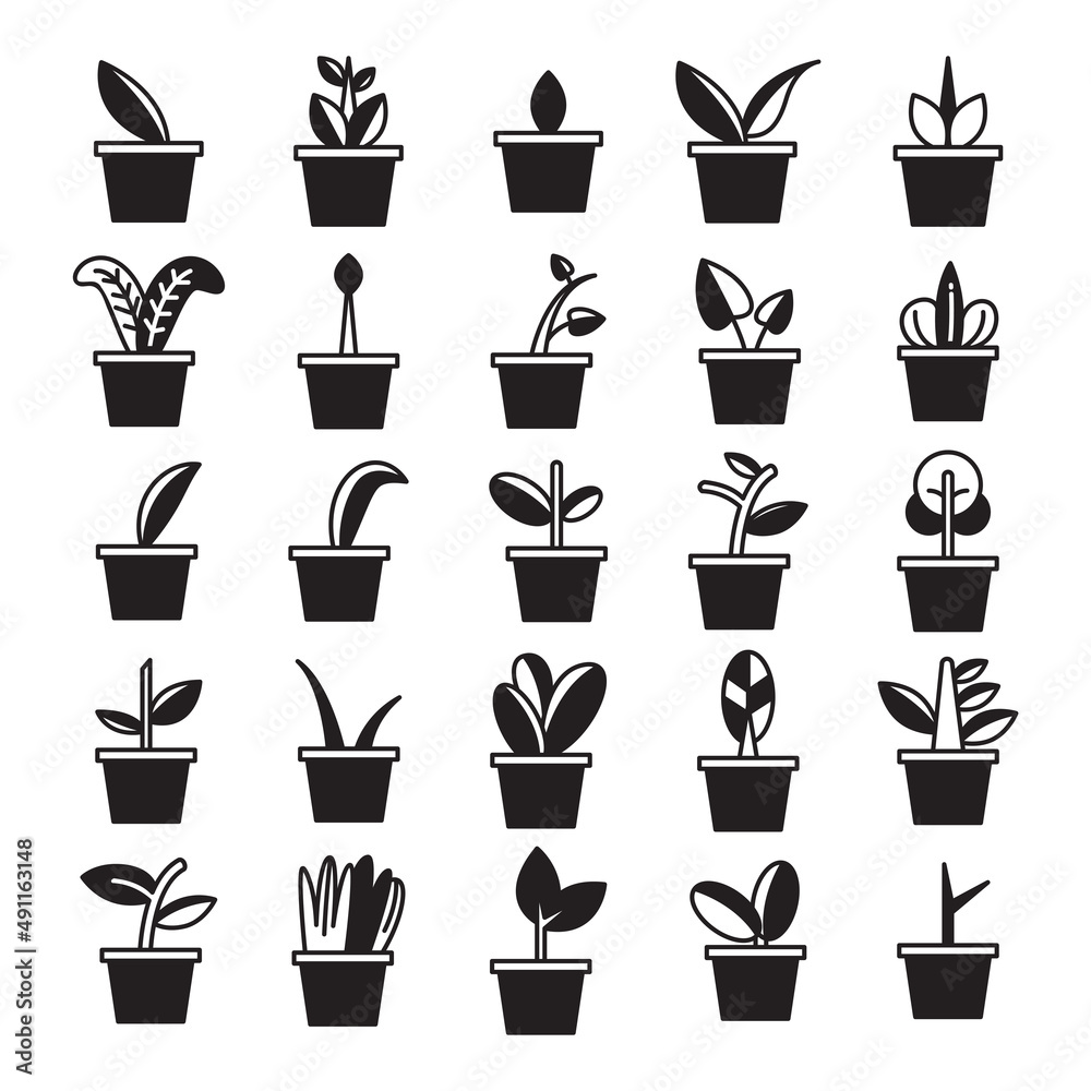 plant in pot and tree icons plant in pot and tree icons