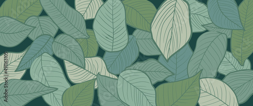 Abstract tropical and foliage on dark green background. Botanical nature wallpaper of line art green leaves and tree in hand drawn pattern. Summer jungle design for banner, prints, decoration.