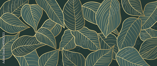 Abstract tropical and foliage on dark green background. Luxury gold wallpaper of green tropic leaves and tree in hand drawn pattern. Line art of summer jungle for banner, prints, decoration.