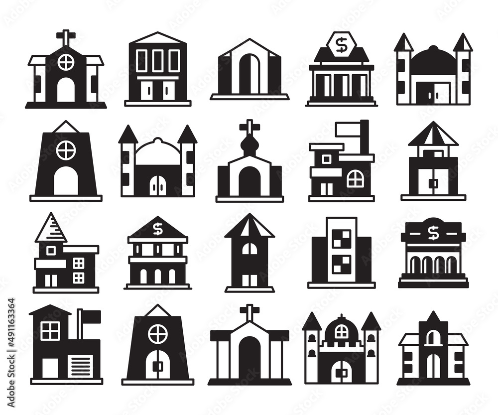 building, bank, house and city icons set 