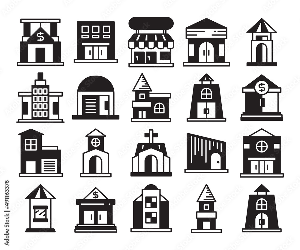 building, bank, house and city icons set