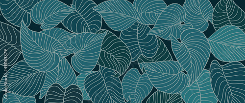 Abstract tropical and foliage on dark green background. Botanical nature wallpaper of line art green leaves and tree in hand drawn pattern. Summer jungle design for banner, prints, decoration.