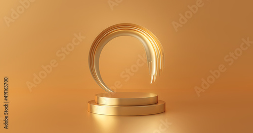 Abstract gold podium empty pedestal background stage of 3d studio presentation mockup scene or luxury golden product platform template display and minimal shiny show stand on premium banner backdrop. photo