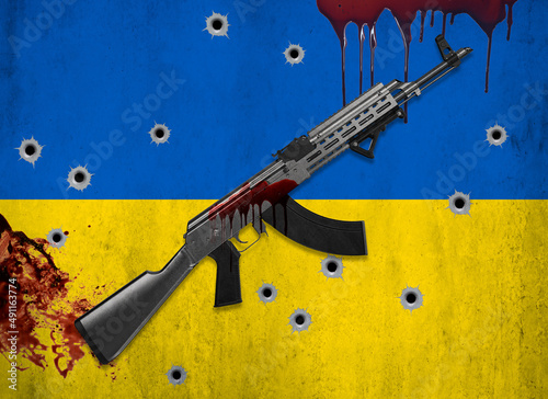 ukraine war flagg guns bullet holes blood photo