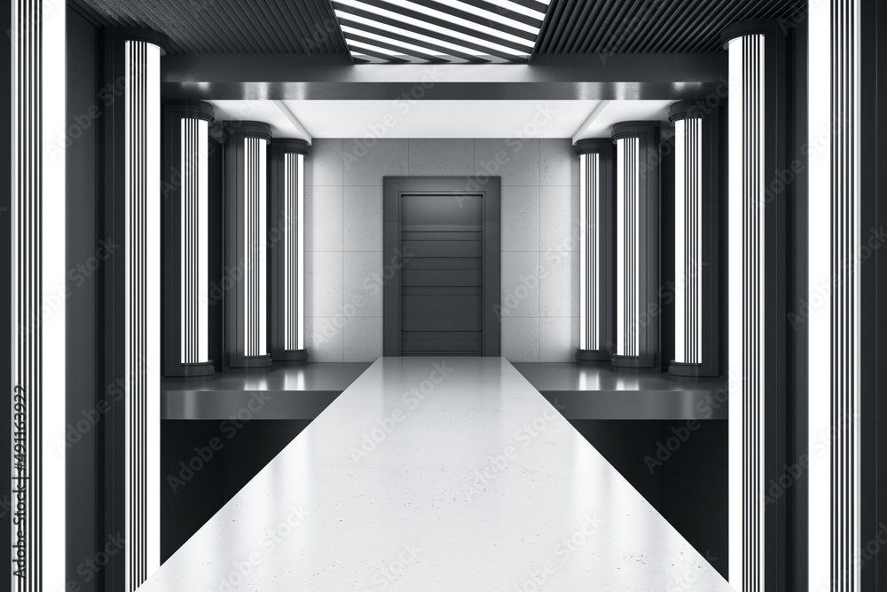 Modern luxury interior with door and reflections. Design concept. 3D Rendering. Modern luxury interior with door and reflections. Design concept. 3D Rendering.