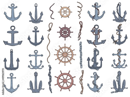 Set of anchors  rudders and ropes. Vector doodle sketch outline isolated illustration.