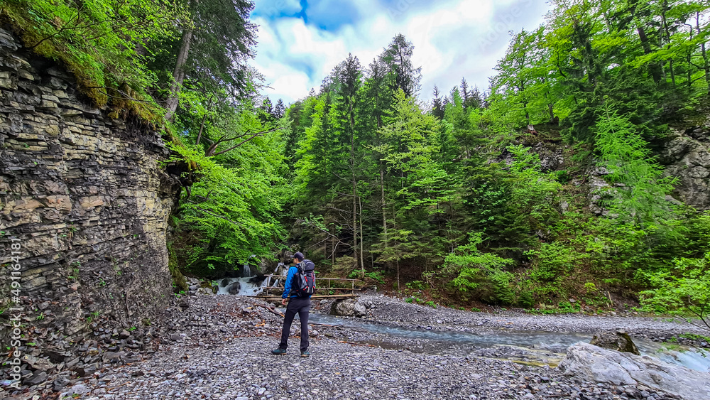 Man on a hiking trail in the Karawanks in Carinthia, Austria. Borders between Austria, Slovenia, Italy. Triglav National Park. Bridge over a river flowing trough a forest. Rock formation