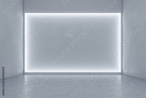 Wallpaper Mural Modern exhibition hall interior with illuminated white mock up wall and concrete floor. 3D Rendering. Torontodigital.ca