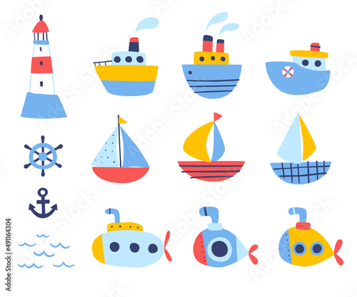 Cartoon sea ships baby set. Doodle watercraft childish vector collection. Nautical transport colorful bundle.