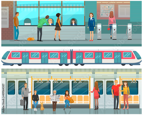 Entrance of railway station, transportation concept. People standing at station platform, traveling in subway car and passing checkpoint in metro. Subway view set with train, turnstiles and checkout