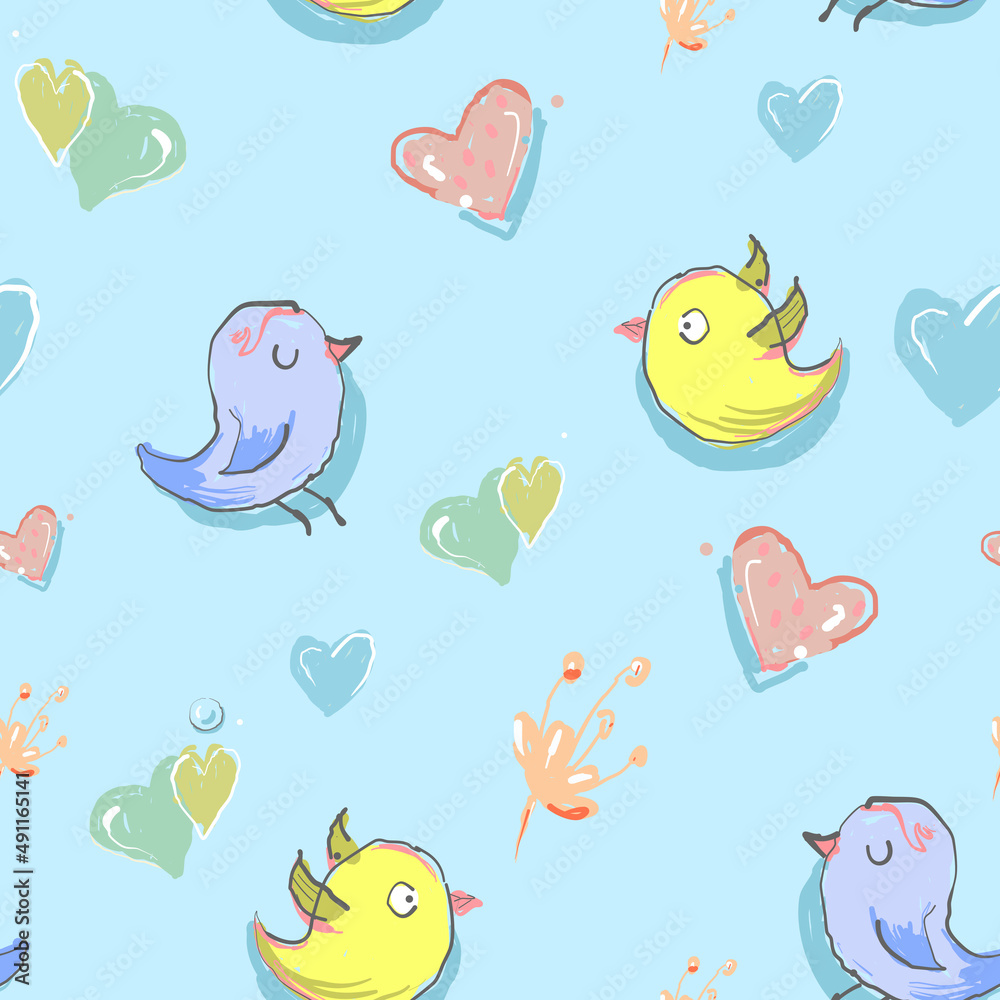 Nursery seamless childish pattern with fairy flowers, birds, butterflies. Creative kids texture for fabric, wrapping, textile, wallpaper, apparel. Vector illustration