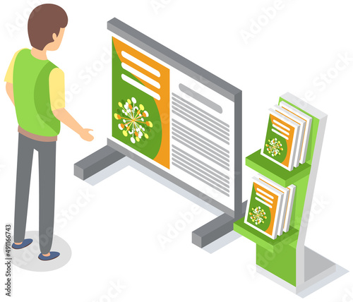 Man next to presentation board, announcements on rack and stand with books. Advertising company, promotion, distribution concept. Male character choosing products in catalogs with advertisement