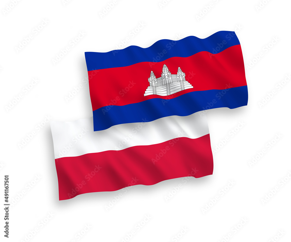 Flags of Kingdom of Cambodia and Poland on a white background Flags of Kingdom of Cambodia and Poland on a white background